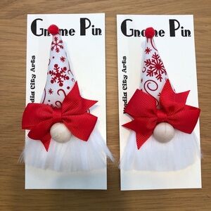Red Snowflake Gnome Pin Brooch Handmade Gift Guide Bow Magnetic Winter Xmas